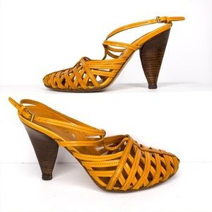 Prada Golden Leather Basket Toe Slingbacks, EUC